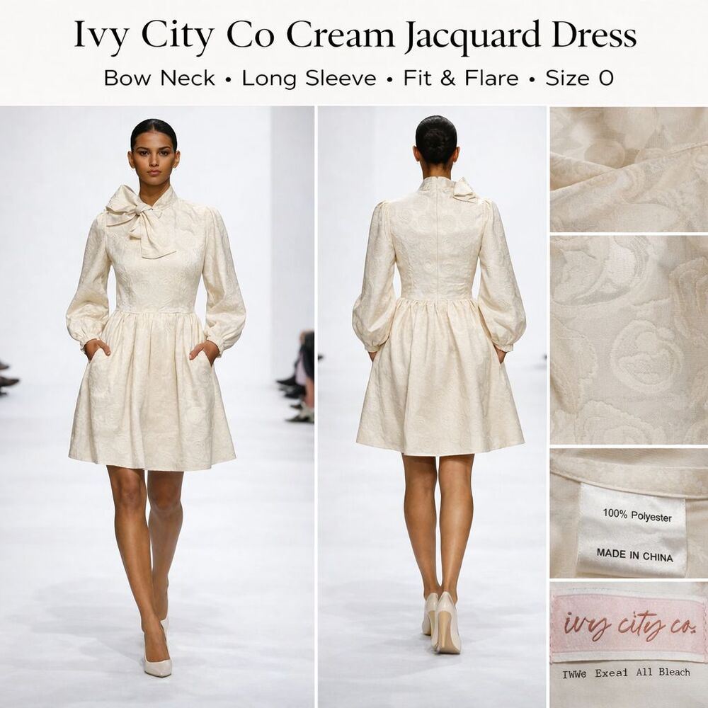 Ivy City Co Cream Jacquard Bow Neck Cottage Core Fit Flare Cocktail Dress Size 0